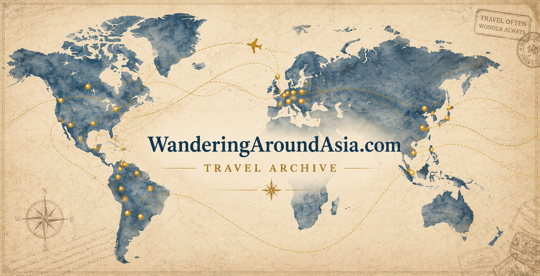 Decorative world travel map for WanderingAroundAsia.com Travel Archive
